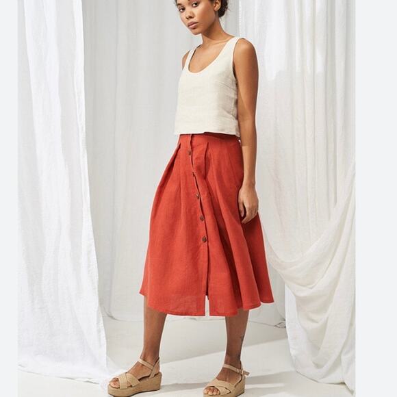 Vintage Red 100% Linen Button Front High Waisted Preppy Coastal Maxi Skirt